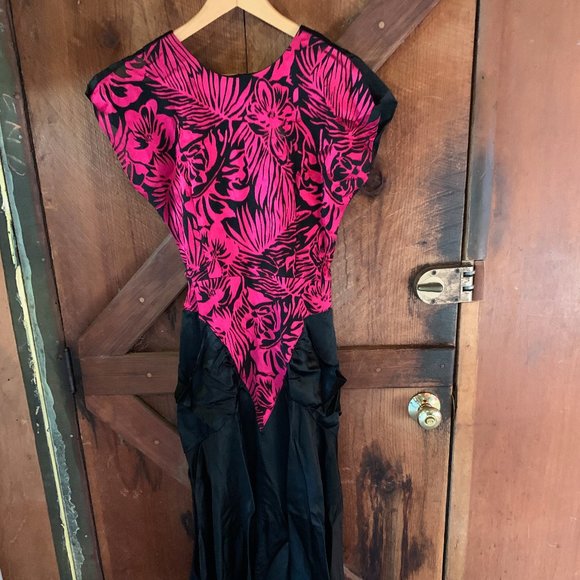 FAB 80s Pink Black Tropical Structural Midi Dress - Picture 1 of 7